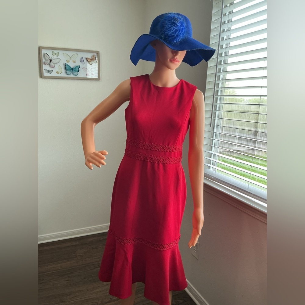 Calvin Klein Red Sleeveless Lace-Trim Midi Dress Size 4 - Picture 3 of 9